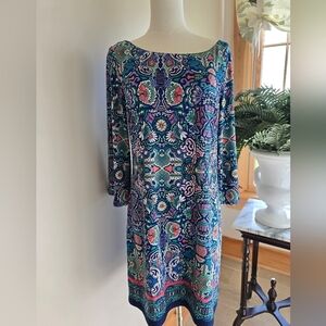 Laundry By Shelli Segal Blue Floral Paisley Shift Cut-Out Back 3/4 Sleeve Sz. S